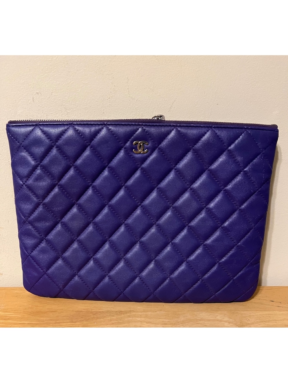 Chanel Quilted Purple Leather Clutch Bag with Silver CC Logo